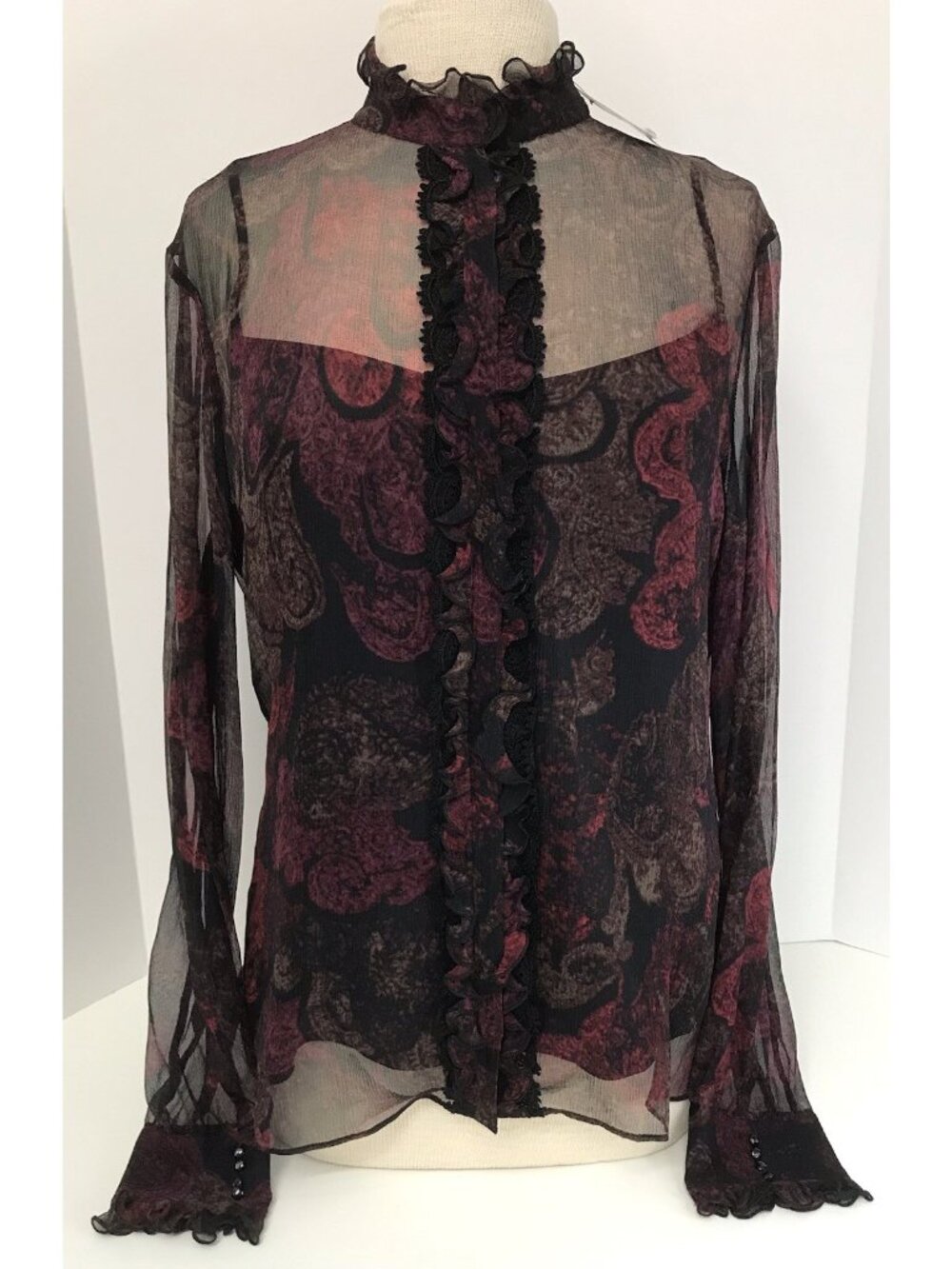 Tahari Vintage Sheer Long Sleeve Blouse Camisole Black Red Gothic Paisley NWT
